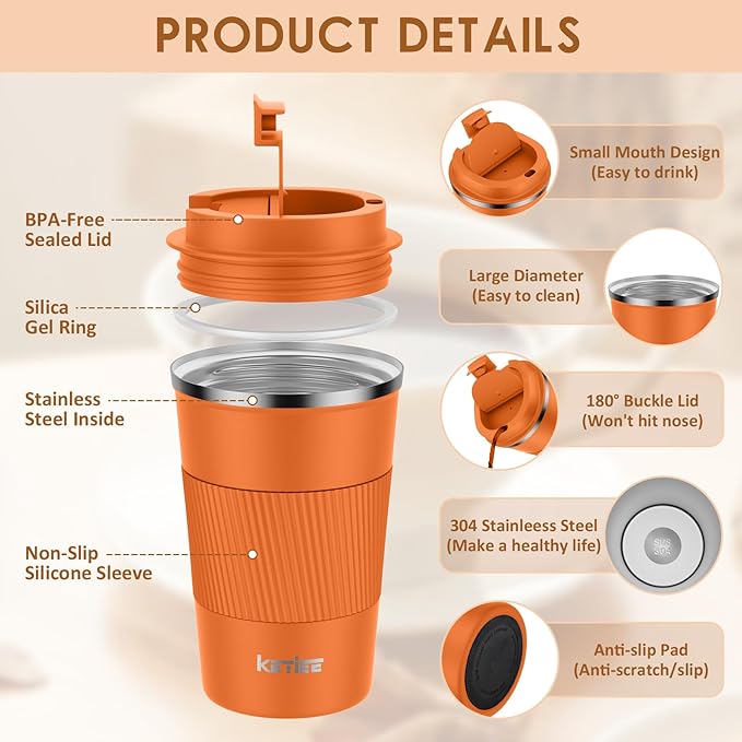 KETIEE 12oz Insulated Travel Mug, Vacuum Stainless Steel Double Walled Reusable Coffee Cup with Leakproof Lid, Hot and Iced Coffee Tea Water