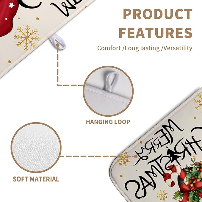 Christmas Santa Themed Dish Drying Mat Winter 18x24 Inch Large Size Drying Pad for Kitchen Counter Snowflake Dish Dry Mats Microfiber Absorbent Kitchen Decor Merry Christmas Coffee Bar Pad