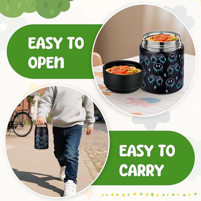 10oz Soup Thermo for Hot Food Kids Insulated Food Jar with Spoon Wide Mouth Stainless Steel Lunch Container Leak Proof Vacuum Food Box for School Travel Picnic Black Game