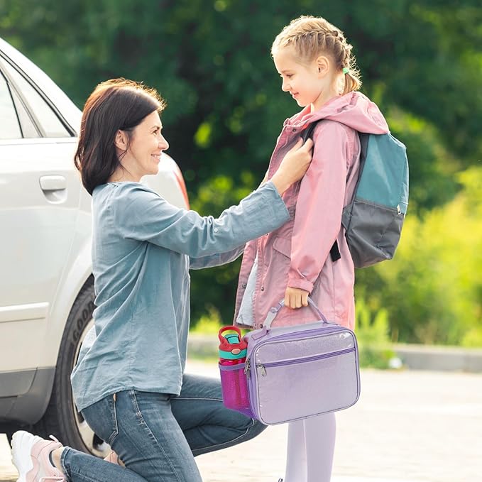 Bagseri Kids Lunch Bag Girls - Kids Lunch Box Insulated Leak-Proof and Reusable Lunch Bag for Girls with Water Bottle Holder Toddler Lunchbox for Daycare and School, Glitter Purple