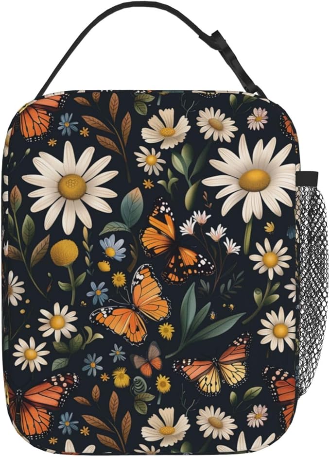 SUPLUCHOM Lunch Bag Daisy Butterfly Vintage Insulated Box Reusable with Side Pocket for Girl Boy Women Men Work School Picnic Hiking Daytrip Over 3 Years Old