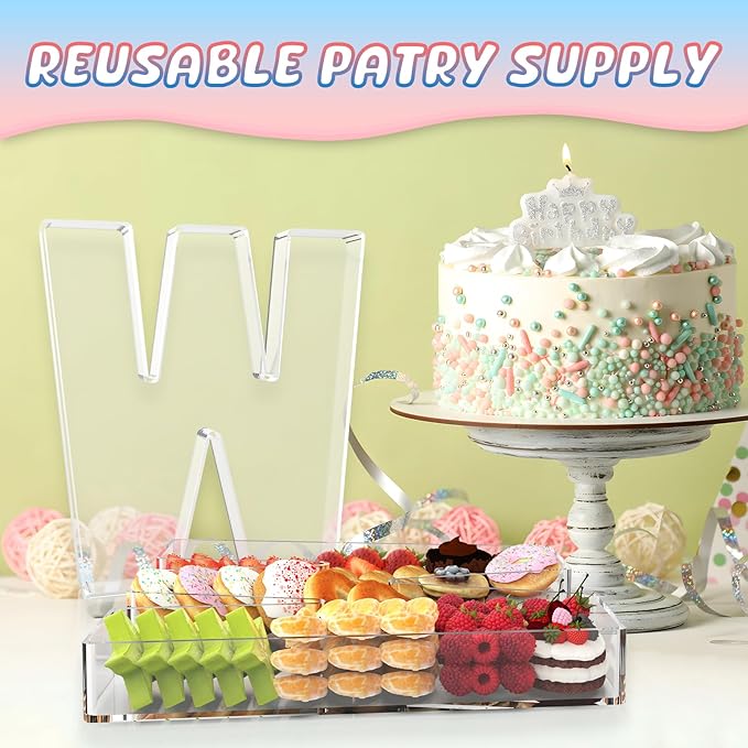 11" Acrylic Letter Charcuterie Box, Reusable Fillable Alphabet Number Shaped Form Tray for Birthday Anniversaries, Party Decorative Serving Plates Display Candy Cake (W)