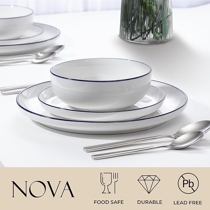 Zulay Kitchen Nova Porcelain Dinnerware Set, Service For 6 - Chip & Scratch Resistant White Plates And Bowls Sets - Microwave & Dishwasher Safe - White With Blue Rim