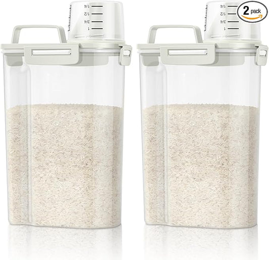 TBMax Rice Container Cereal Storage Container 2 Pack 5 Lbs, Kitchen Pantry Dry Food Storage Holder with Easy-Pouring Spout & Handy Cup, Small Pet Dog Cat Food Dispenser for Daily Feeding -Beige
