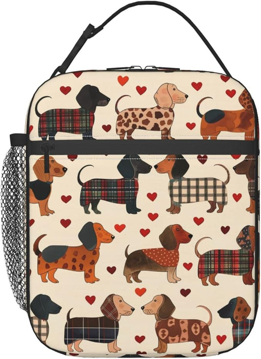 Reusable Dachshund Lunch Box for Kids, Insulated Cute Plaid Weiner Dog Bag,Polyester Cooler Heart Handbags Case for School Picnic Work Travel Beach or Hiking (Beige)