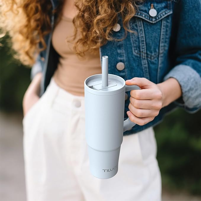 TILUCK 30 oz Tumbler with Handle, Vacuum Insulated Stainless Steel Travel Mug with 100% Leak-Proof Silicone Straw Lid, Cupholder Friendly Water Bottle(LightBlue, 30oz)