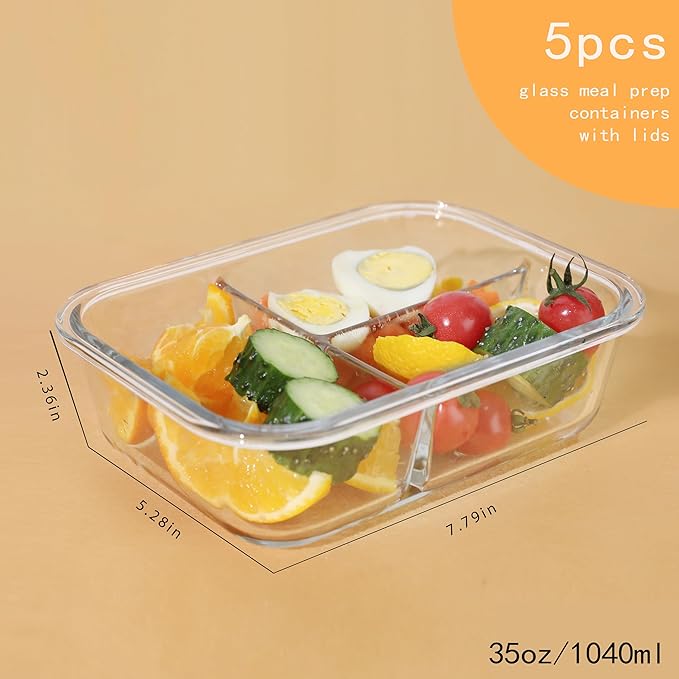 5-Pack Glass Storage Containers,Glass Food Container with Lid,Lunch Box,Bento Box,Storage Box,Meal Prep Containers,Lunch Containers,Fruit Preservation Boxes,Three-partition-Light Gray
