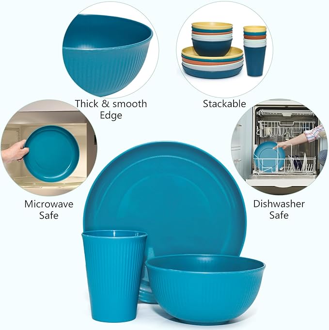 42Pcs Wheat Straw Dinnerware Sets, Unbreakable Plates and Bowls Sets, Eco Friendly Non Breakable Dinnerware, Dishwasher Microwave Safe Dinnerware