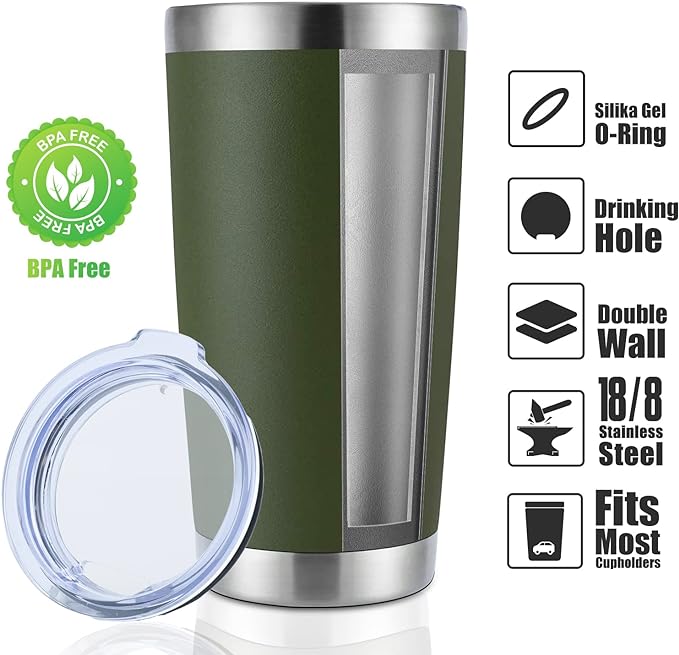 DOMICARE 20oz Stainless Steel Tumbler Bulk with Lid, Double Wall Vacuum Insulated Travel Mug, Powder Coated Coffee Cup (Army Green, 12)