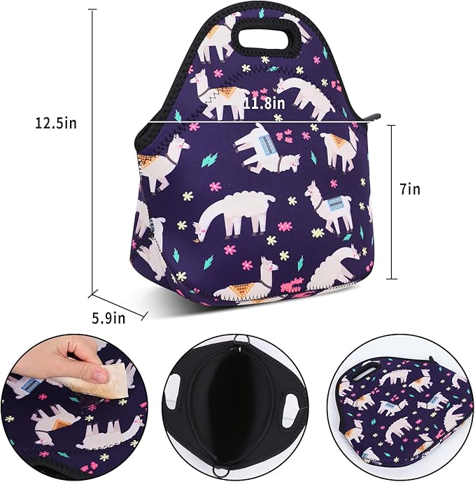 Violet Mist Lunch Bag, Alpaca Pattern, Neoprene Material, 11.42"L x 10.43"H x 5.51"W, 8.7 inches deep, fits containers up to 7"L x 6"W, Machine Washable