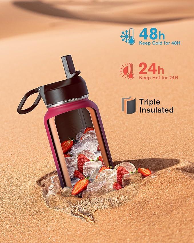 Water Bottle 32 oz Insulated with Straw, Coolflask Stainless Steel Metal 3 Lids Water Flask Wide Mouth for Sports or Office, Non-BPA Keep Cold Up to 48 Hrs or Hot Up to 24 Hrs, Ombre Wine/Navy