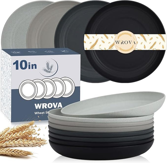 Wrova Wheat Straw Dinner Plates - 10 Inch Unbreakable Set of 8 - Dishwasher & Microwave Safe Reusable Plates - Lightweight for Kitchen, Camping (Classic Series)
