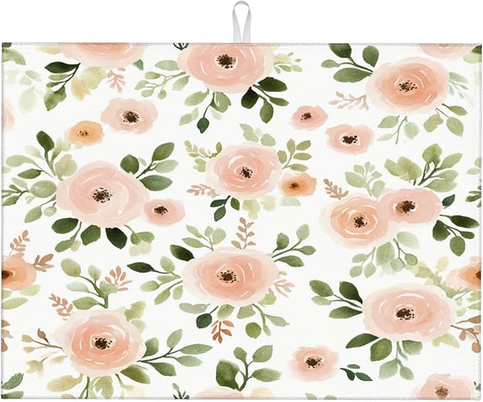 Watercolor Floral Dish Drying Mat for Kitchen Counter Microfiber Super Absorbent Non-Slip Dish Drying Pad for Countertops Dishes Utensils Stylish Quick-Dry Machine Washable 18x24 Inch