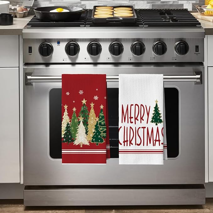 Artoid Mode Red Star Xmas Tree Merry Christmas Kitchen Towels, 18x26 Inch Quick Dry Microfiber Cloth Dish Towels for Kitchen Drying Set of 2