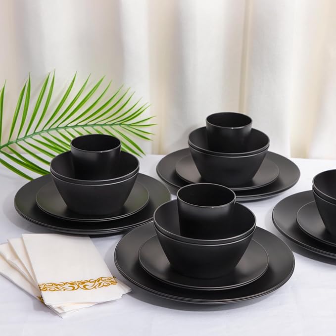 Supernal 32pcs Black Wheat Straw Dinnerware Sets with 25pcs Linen Napkins,Plates and Bowls Sets for 8,Black Plastic Dinnerware Sets, Microwave Dishwasher Safe Plates, Dishes Set for 8