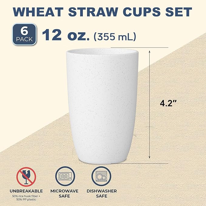 Wheat Straw Cups Set of 6 Good Alternative to Plastic Cups Reusable 12 oz Unbreakable Drinking Cup Reusable Dishwasher Safe Water Plastic Kitchen Glasses - White