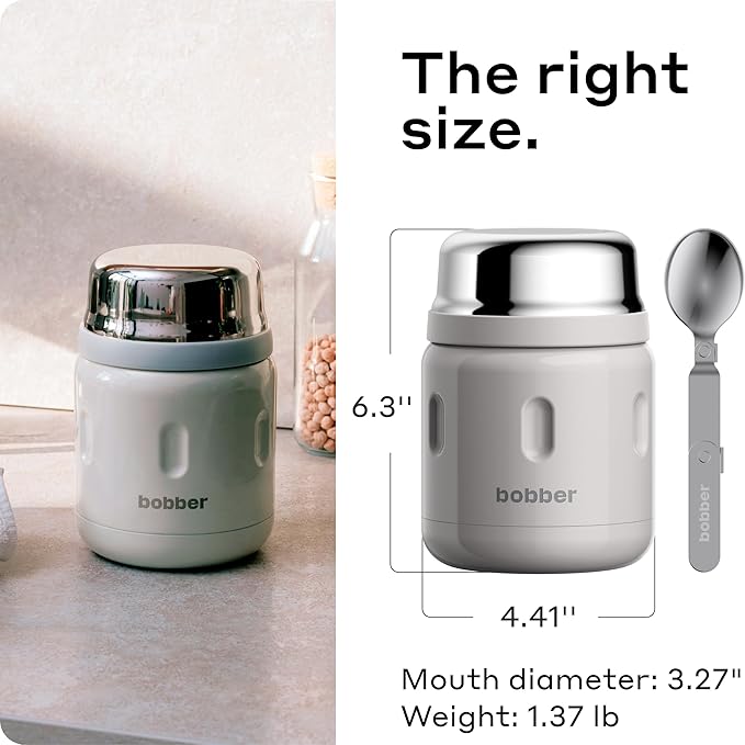 BOBBER 16 oz Insulated Stainless Steel Food Thermos for Hot Food, Extra-Wide Mouth Lunch Container for Adults with Spoon and Bowl, Dishwasher Safe - Keeps Meals Hot for 10 Hours (Grey)