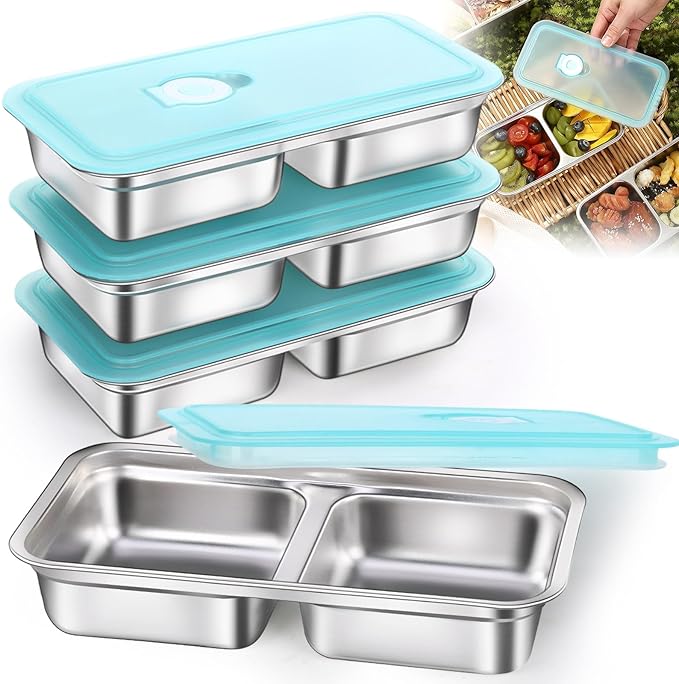 4 Pack Stainless Steel Snack Containers, 2-Compartment Lunch Boxes Reusable Food Storage Containers with Lids for Kids & Adults, School, Office, Travel, Camping
