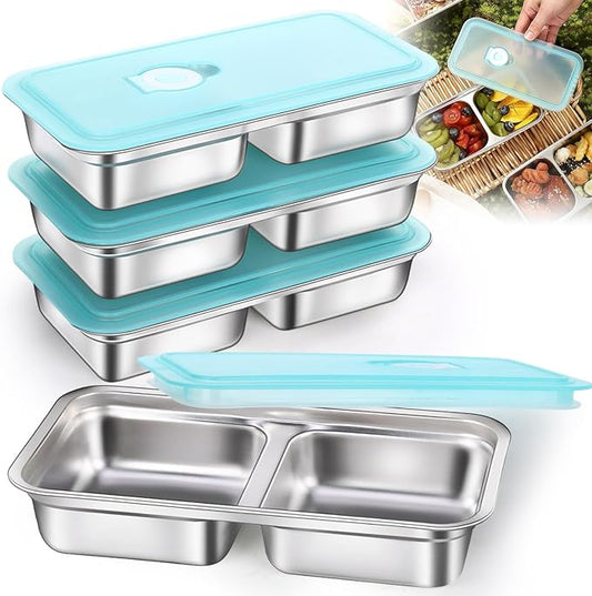 4 Pack Stainless Steel Snack Containers, 2-Compartment Lunch Boxes Reusable Food Storage Containers with Lids for Kids & Adults, School, Office, Travel, Camping