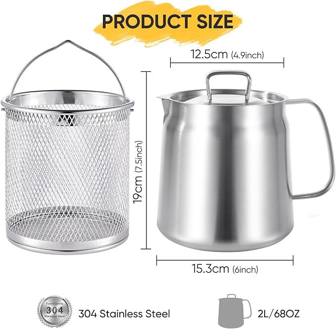 Bacon Grease Container with Strainer, 304 Stainless Steel Grease Container for Kitchen with Dust-proof Lid & Basket, Dishwasher Safe Cooking Oil Container, 68oz/2L