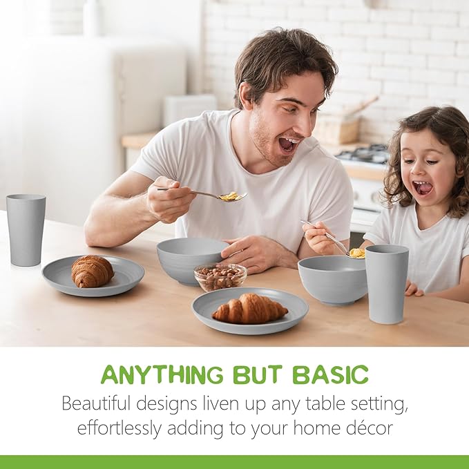 Teivio 32-Piece Kitchen Plastic Wheat Straw Dinnerware Set, Service for 8, Dinner Plates, Dessert Plate, Cereal Bowls, Cups, Unbreakable Colorful Plastic Outdoor Camping Dishes, Light Gray