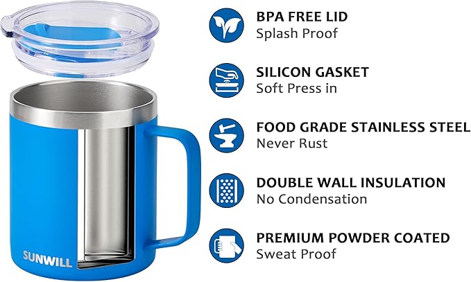 SUNWILL Insulated Coffee Mug with Lid, Travel Tumbler with Handle, 14 oz Stainless Steel Cup for Camping, Office, Home, Powder Coated Royal Blue