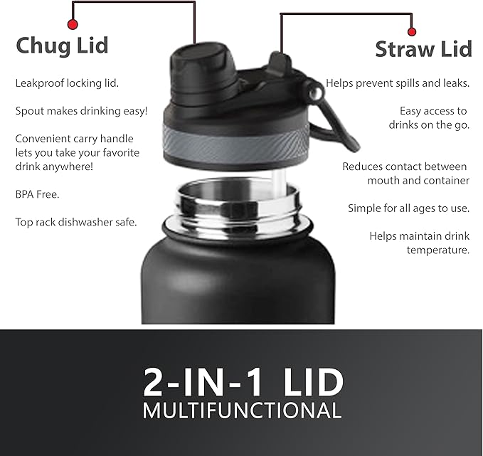 32oz Insulated Water Bottle with Straw & Handle- 24hr Cold/12hr Hot, Leakproof Stainless Steel Metal Bottle for Gym, Travel & Sports