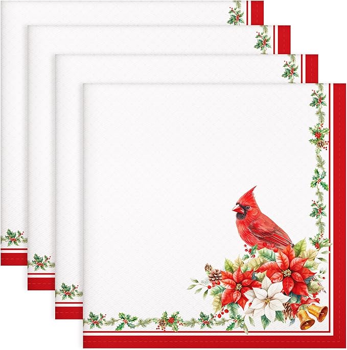 Christmas Cardinal Napkins, 18×18 Inch Floral Dinner Cloth Napkins Set of 6, Washable Cotton Soft Absorbent Square Napkins for Dining Kitchen Party Wedding Decoration
