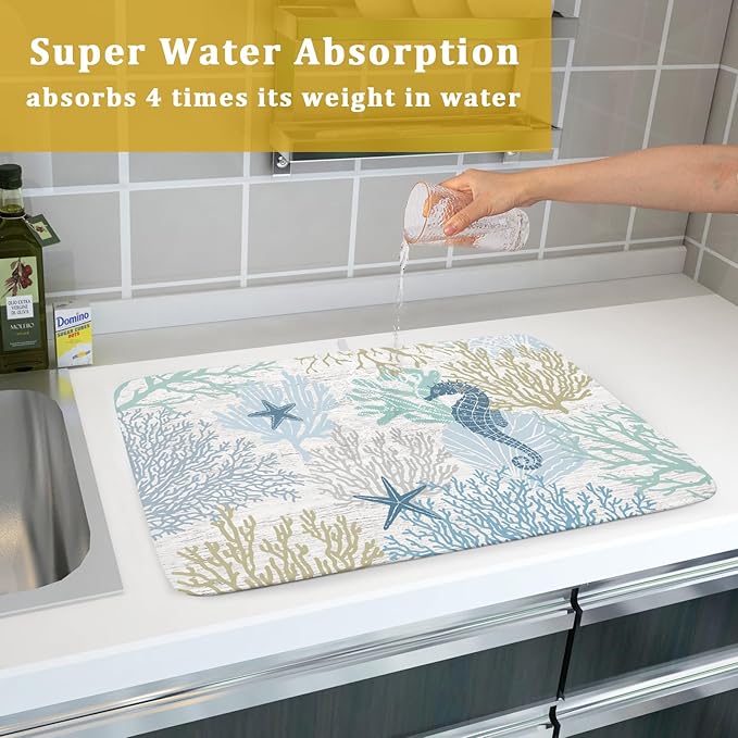 Blue Coral Dish Drying Mat Coastal Starfish Dishes Pad Hanging Drainer Mats Reversible Absorbent Kitchen Counter Protector 18x24 Inch