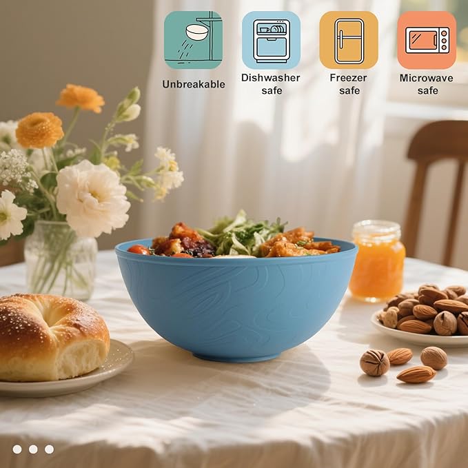 Wrova Wheat Straw Salad Bowls for Kitchen set of 6,Anit-Scald Thick Soup Bowls 40oz,Microwave and Dishwasher Safe Bowl set easy to clean. Blue