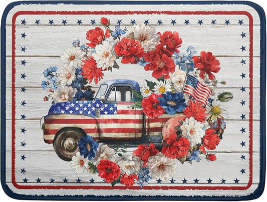 Patriotic Truck Dish Drying Pad 4th of July Drying Mat for Kitchen Counter Coffee Bar Sinks 18 X 24 Inch