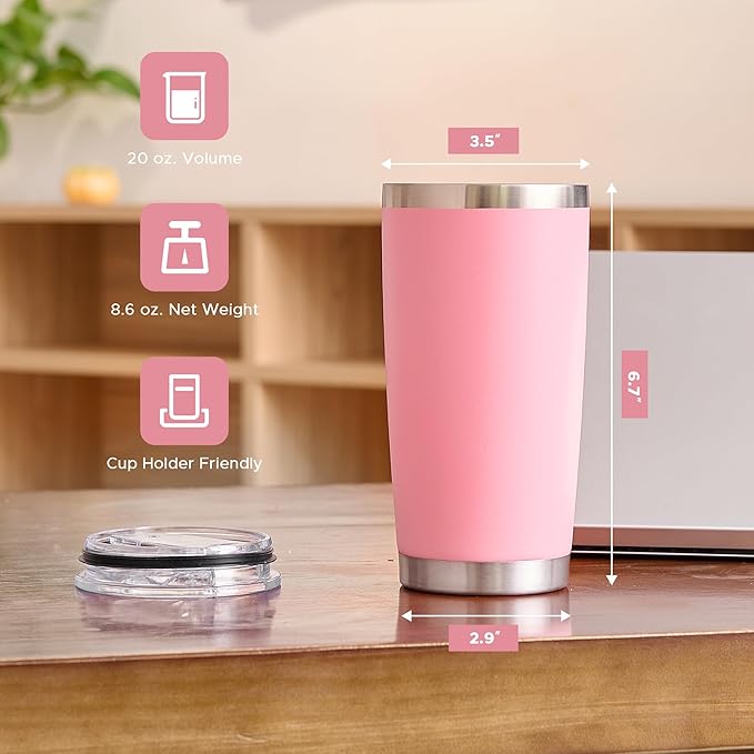 OMTech 20oz Tumblers Bulk, 12pc Stainless Steel Tumbler Set with Lid & Straw, Double Wall Vacuum Insulated Mug for Laser Engraver, Travel Coffee Mug for Hot & Cold Drinks, Pink Powder Coated Cup