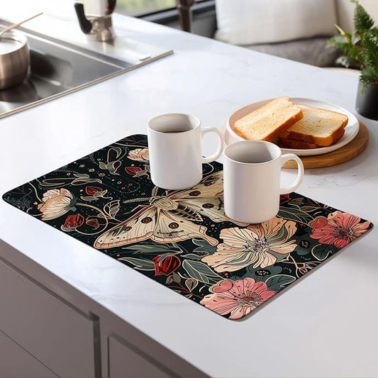Vintage Butterfly Dish Drying Mat for Kitchen Counter Microfiber Super Absorbent Non-Slip Dish Drying Pad for Countertops Dishes Utensils Stylish Quick-Dry Machine Washable 18x24 Inch