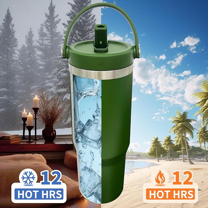 30 oz Tumbler with Handle, Double Wall Vacuum Insulated Tumblers with Flip Straw, Coffee Mug 30oz Powder Coated Cup for Hot and Cold Drinks(Army Green,1 pack)