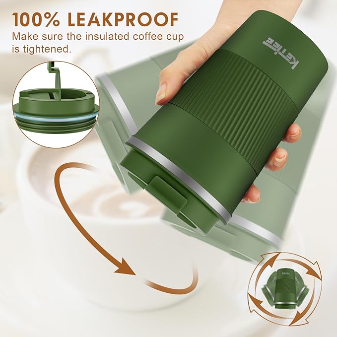 KETIEE Travel Coffee Mug 12oz: Vacuum Insulated Coffee Cup with Leakproof Lid, Coffee Tumbler, Reusable Coffee Cups, Double Wall Stainless Steel Coffee Mug to Go for Hot/Ice Coffee Tea (Army Green)