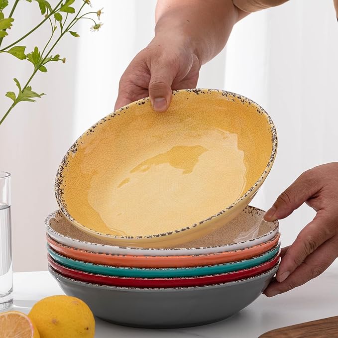 Vintage Pasta Bowl, Melamine Pasta Bowls Set of 6, 42 OZ Large Corlorful Serving Bowl for Kitchen, Dishwasher Safe Salad,Soup,Fruit, Dinner Bowls, Shallow Pasta Plates. Multi-color…