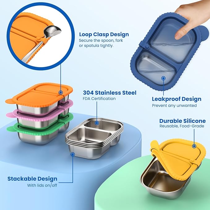 4 Pack Stainless Reusable Steel Snack Containers, Capacity Upgrade 2 Compartment Snack Containers with Lids, Reusable Food Storage Containers with Lids for Travel, Outdoor, Camping