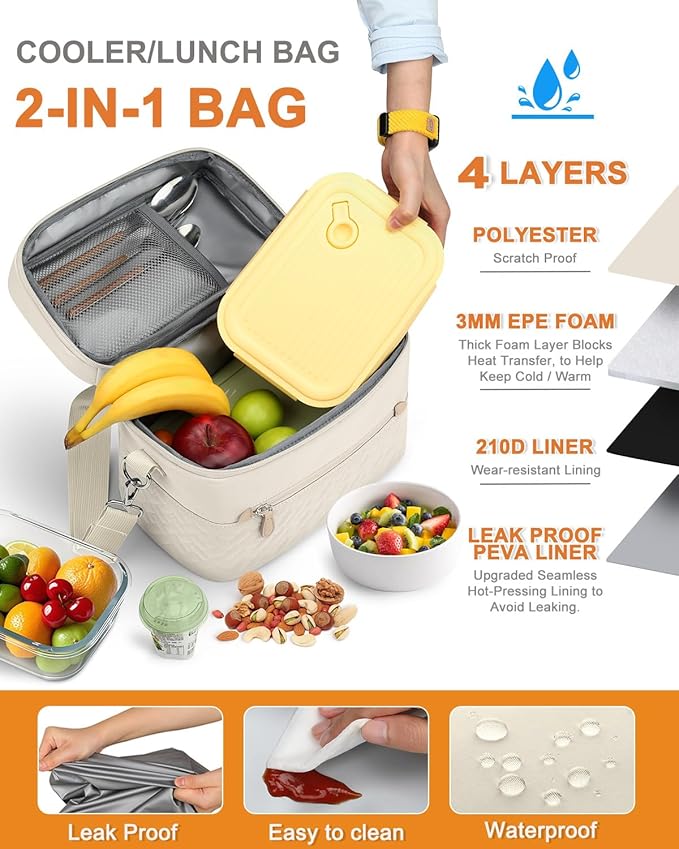 Capolo Lunch Box for Women Men Adults,Insulated Lunch Bag Leakproof Lunch Cooler Box with Removable Strap Cute Lunch Tote Bags Reusable Thermal Lunchbox for School Work Picnic(Small,Beige)