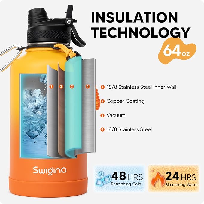 [2-IN-1 LID] 64 oz Insulated Water Bottle with Silicone Boot (48hrs Cold/24hrs Hot) - DIY Stickers, Leakproof, BPA Free, Half Gallon