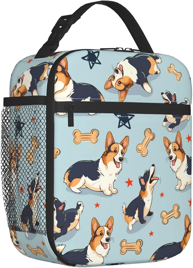 Reusable Corgi Lunch Box for Kids Girls Boys Women Adult, Insulated Cute Bone Lunch Bag,Polyester Cooler Dog Handbags Case for School Picnic Work Travel Beach or Hiking (Blue)
