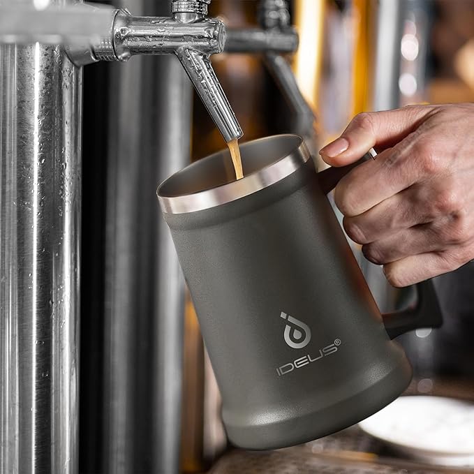 Ideus Insulated Beer Stein, 24/32oz Stainless Steel Double Walled Beer Mug Giant Bar Drinkware Metal Beer Cup with Big Grip Handle (34oz (1,000ml), Grey)
