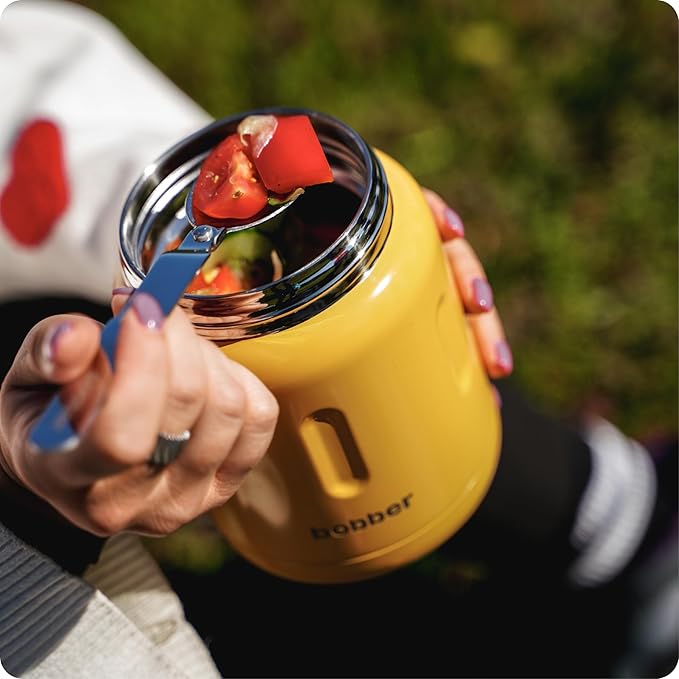 BOBBER 16 oz Insulated Stainless Steel Food Jar with Extra-Wide Mouth, Built-in Spoon & Bowl - Keeps Hot for 10 Hours and Cold for 15 Hours - Leakproof Lunch Thermos for Adults (Orange)
