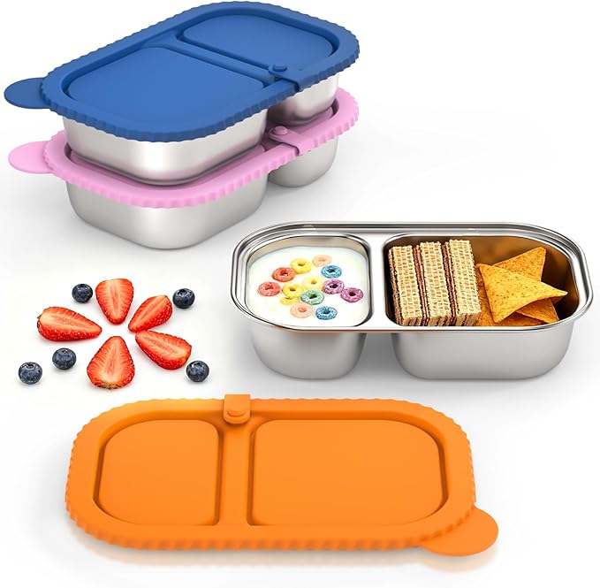 3 Pack Reusable Stainless Steel Snack Containers, Capacity Upgrade 2 Compartment Snack Containers with Lids, Reusable Food Storage Containers with Lids for Travel, Outdoor, Camping