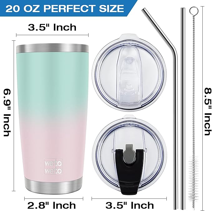 WETOWETO 20oz Insulated Stainless Steel Tumbler, Coffee Tumbler with 2 Lids and 2 Straws, Double Wall Vacuum Leak-proof Travel Coffee Mug, Powder Coated Water Cup (Green-Pink Gradient, 1 Pack)