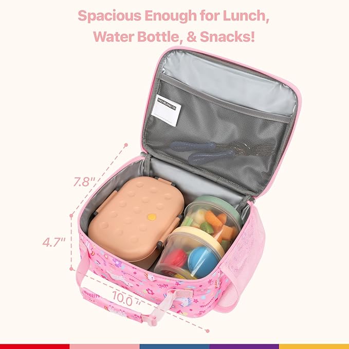 Bagseri Girls Lunch Bag with Ice Pack - Kids Lunch Box for Girls Reusable Leak-Proof and Insulated Kids Lunch Bag Toddler Lunch Box for Daycare and School, Glitter Pink Unicorn