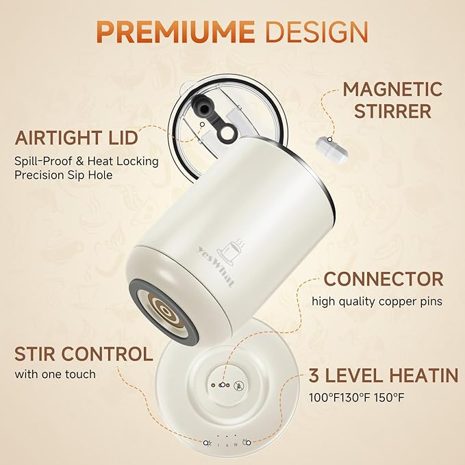 Automatic Self Stirring Coffee Mug with Lid, Smart Temperature Control USB Powered Coffee Milk Cocoa Cup, 11 oz White Stainless Steel Mug Warmer