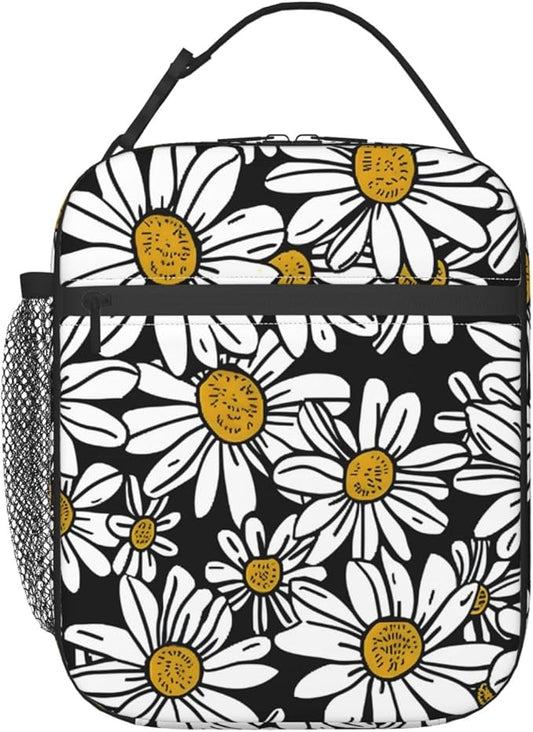 Classic Black Daisy Lunch Box for Women Men, Insulated Lunch Box, Reusable Lunch Bag for Office, Work, Picnic, Travel