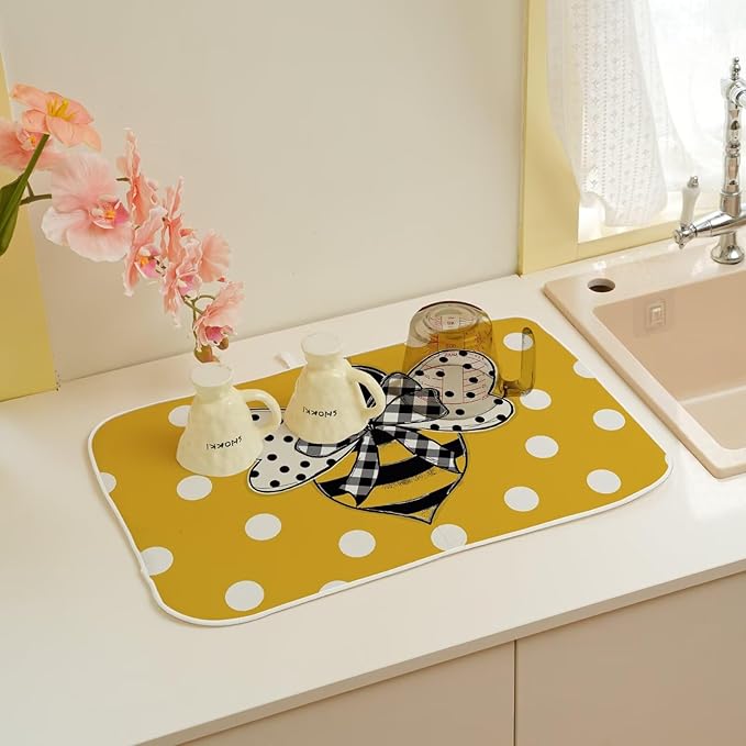 Summer Dish Drying Mat 18 x 24 inch Yellow Bumble bee Polka Dots Decorative Drying Mats Microfiber Absorbent Dish Washable Draining Mat for Kitchen Counter Decor