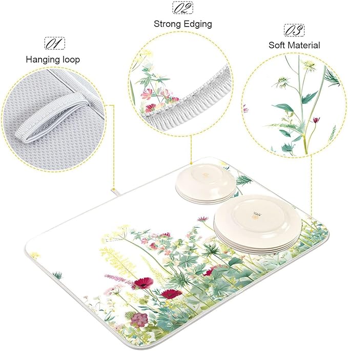 Spring Summer Herbs Flowers Plants Dish Drying Mat for Kitchen Counter Absorbent Dish Drainer Mats Drying Pads 18"x24"
