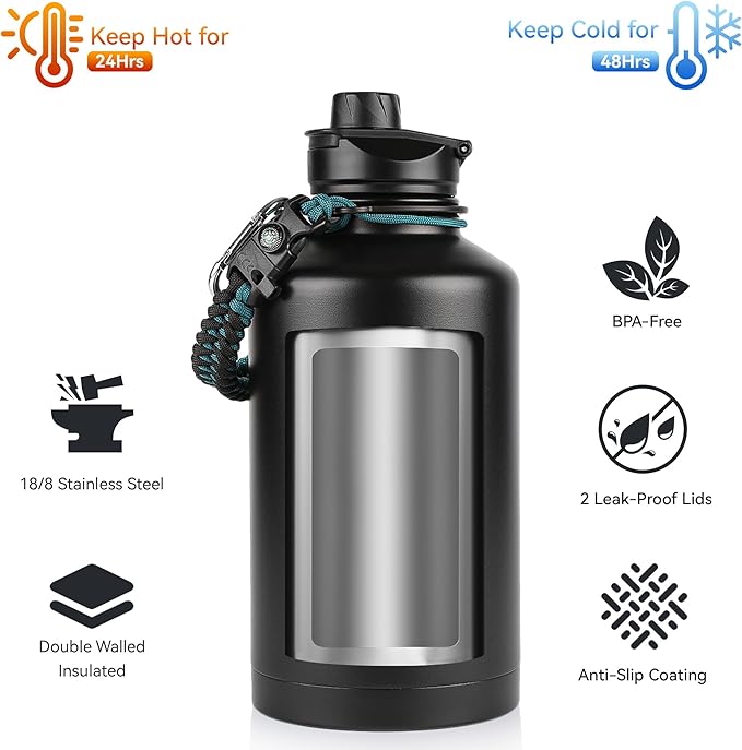 64 oz Insulated Water Bottle with Straw & Spout Lids, Stainless Steel Metal Half Gallon Water Jug with Paracord Handle, Double Wall Vacuum, Leakproof, Keep Drinks Cold & Hot, Black